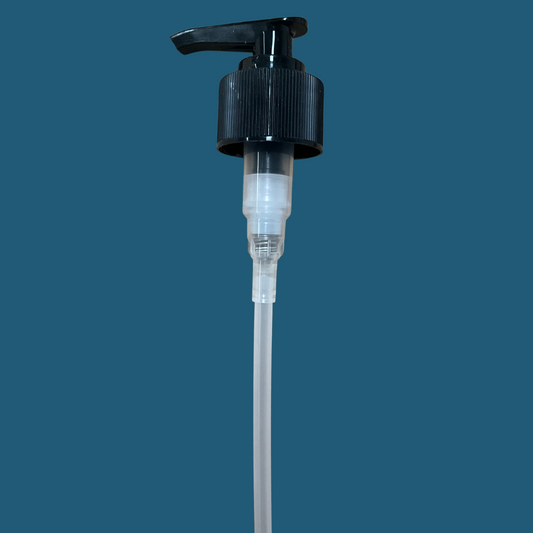 Black hand wash pump head on a blue background