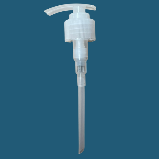 Transparent liquid hand wash bottle pump head against a blue background
