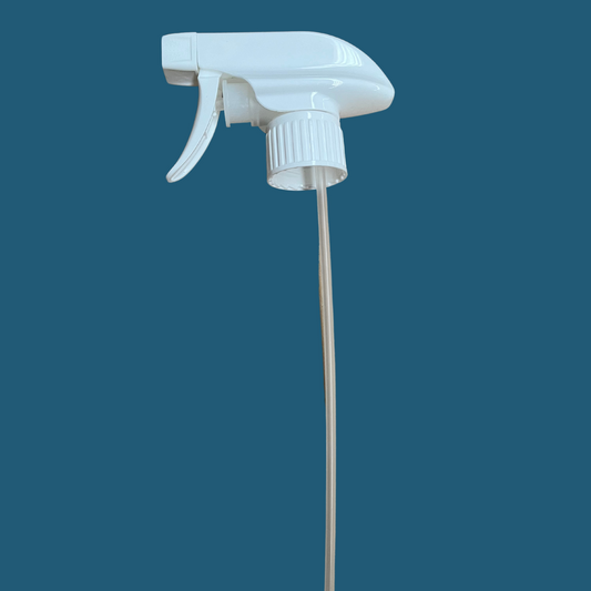 A white spray trigger replacement for a cleaning bottle, featuring a plastic body and a spray nozzle attached to a long flexible tube.