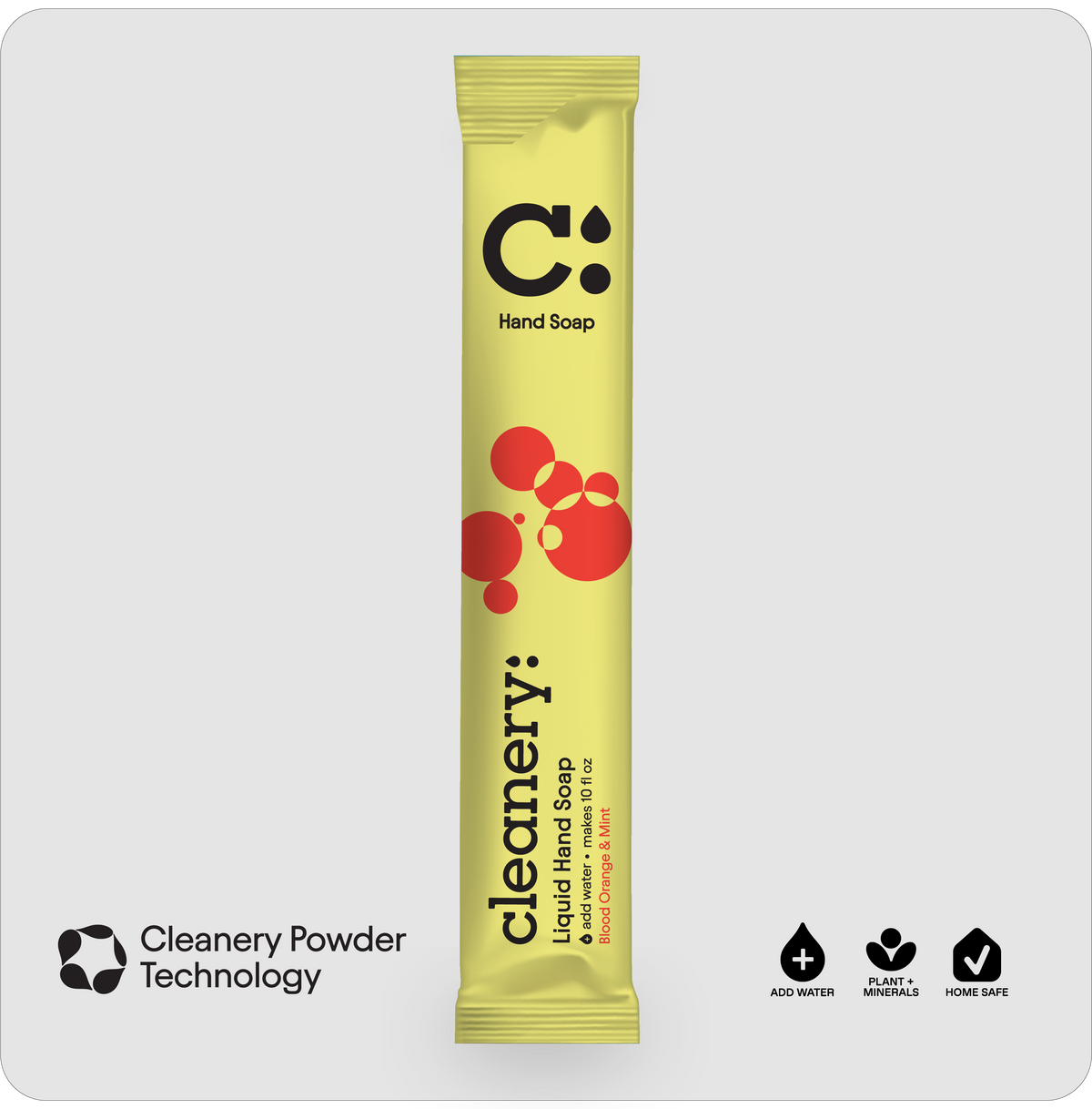 A single stick pack of Cleanery Liquid Hand Soap in Blood Orange & Mint flavor, featuring a bright yellow wrapper with red bubble graphics and a black logo, centered on a light gray background. Additional text at the bottom highlights 'Cleanery Powder Technology' and product features.