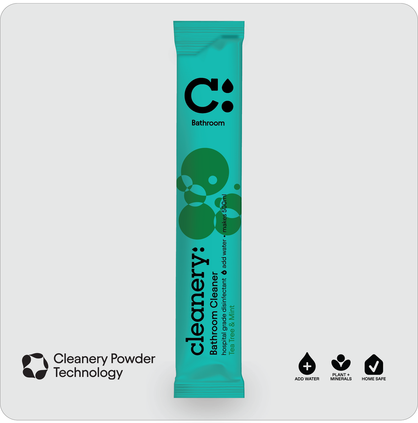 A single teal and green stick pack of Cleanery Bathroom Cleaner centered on a light gray background, with the Cleanery logo and product name clearly visible. Small feature icons appear at the bottom left and bottom right outside the pack.