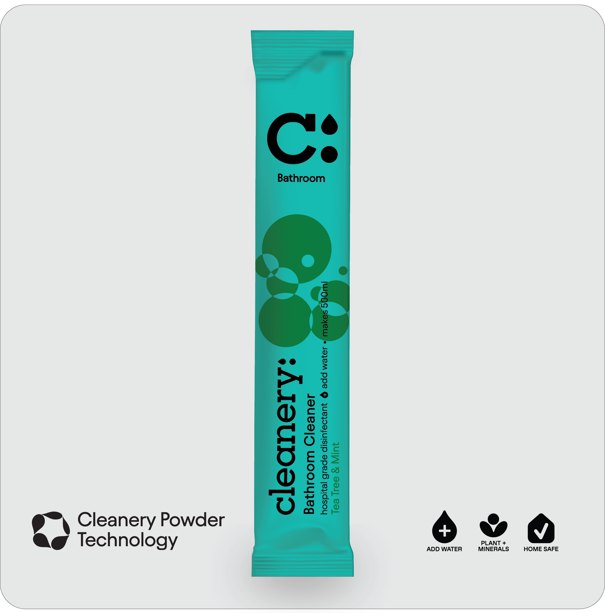 A single teal and green stick pack of Cleanery Bathroom Cleaner centered on a light gray background, with the Cleanery logo and product name clearly visible. Small feature icons appear at the bottom left and bottom right outside the pack.