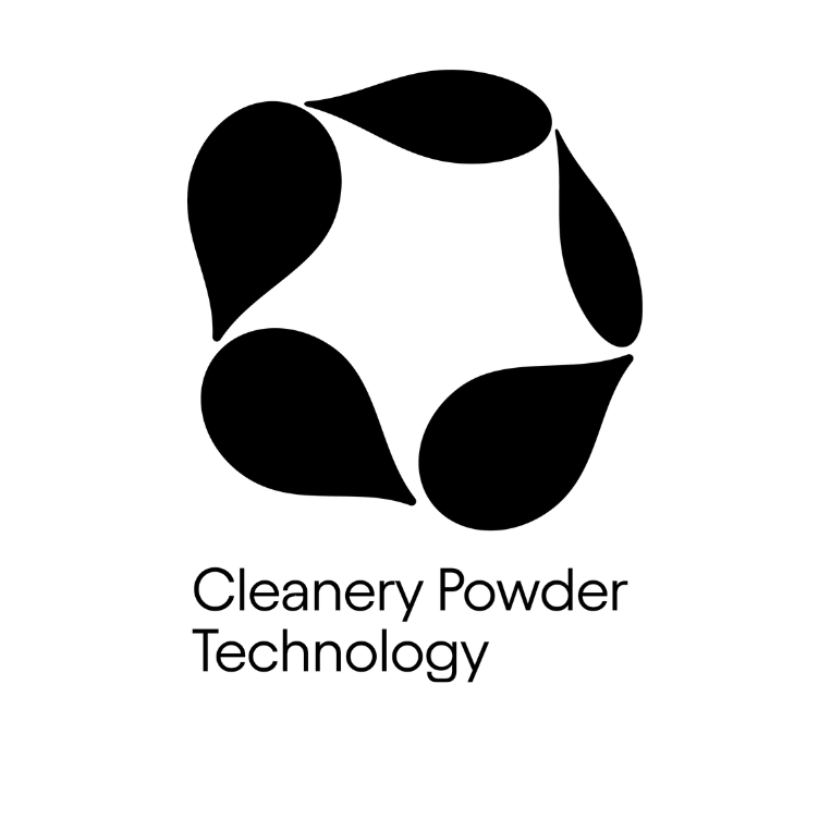 A black abstract logo consisting of four teardrop-like shapes arranged in a circle above the text 'Cleanery Powder Technology' on a plain white background.
